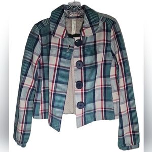 Fossil blue green cream red plaidcropped blazer jacket large buttons Womens S